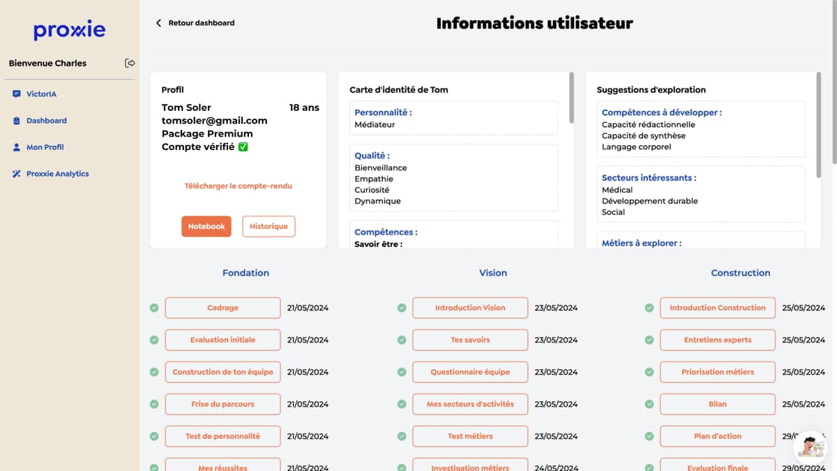 Représentation de l'interface coach sur l'application Proxxie Coach