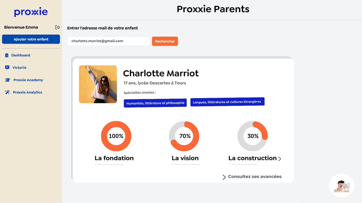 Représentation du tableau de bord de l'application Proxxie Parents