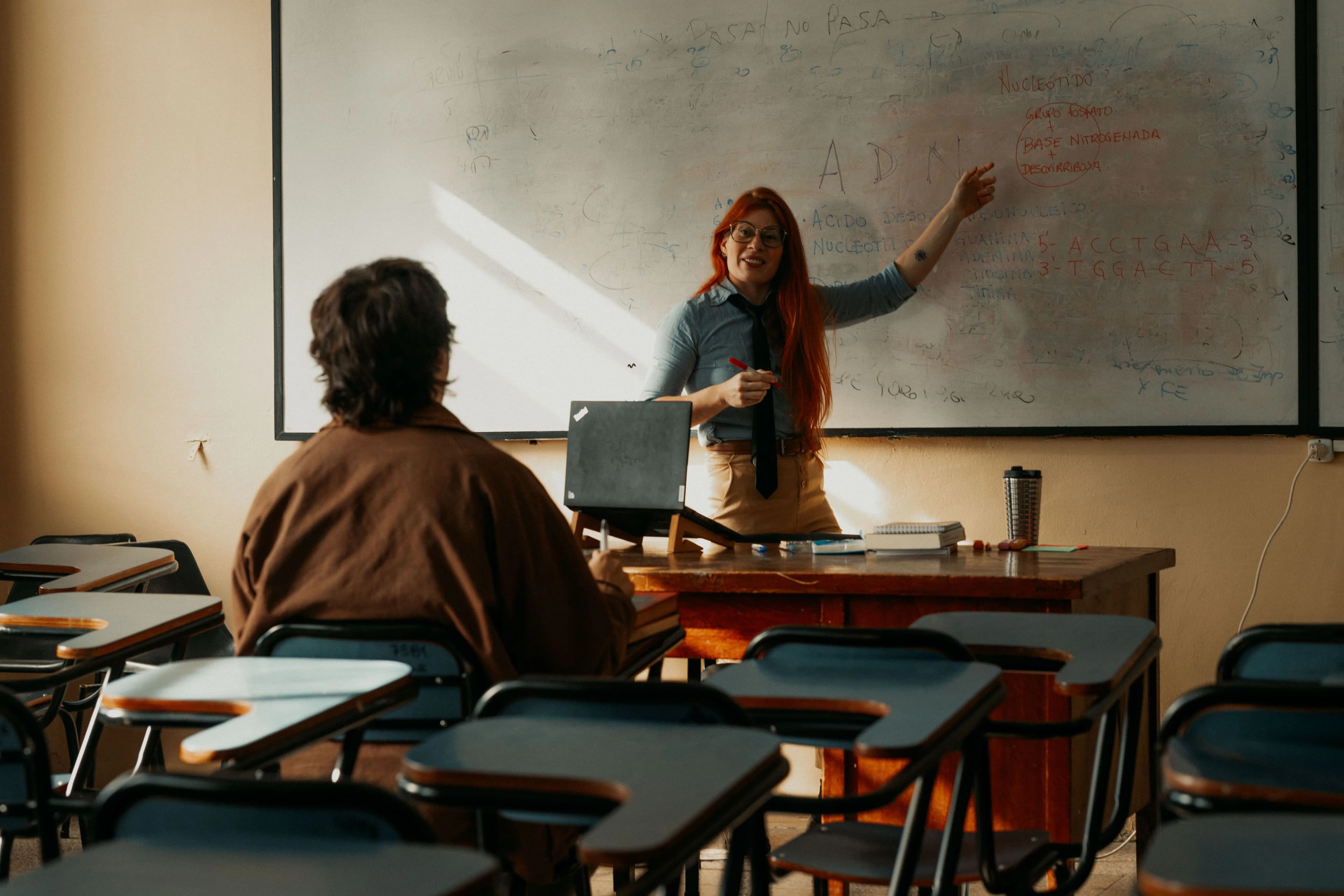 Une enseignante explique un cours au tableau à un élève attentif dans une salle de classe.